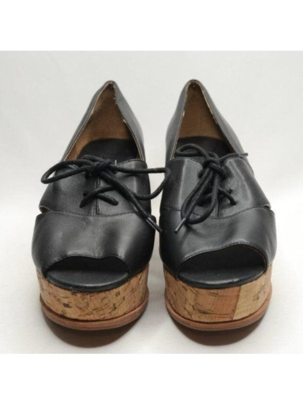 Anthropologie Fiel Women's 8.5 Black Leather Lace Up Platform Open Toe Oxfords View 2